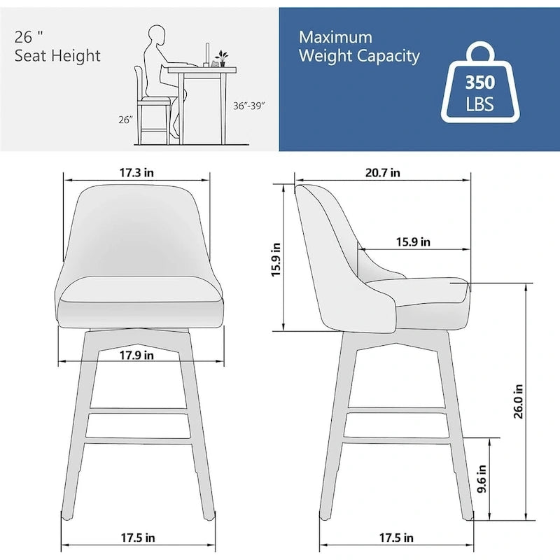 Tabourets de bar pivotants lot de 2, hauteur 76 cm, revêtus