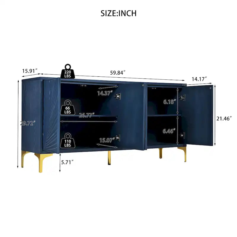 Buffet 4 portes avec texture unique et étagères réglables