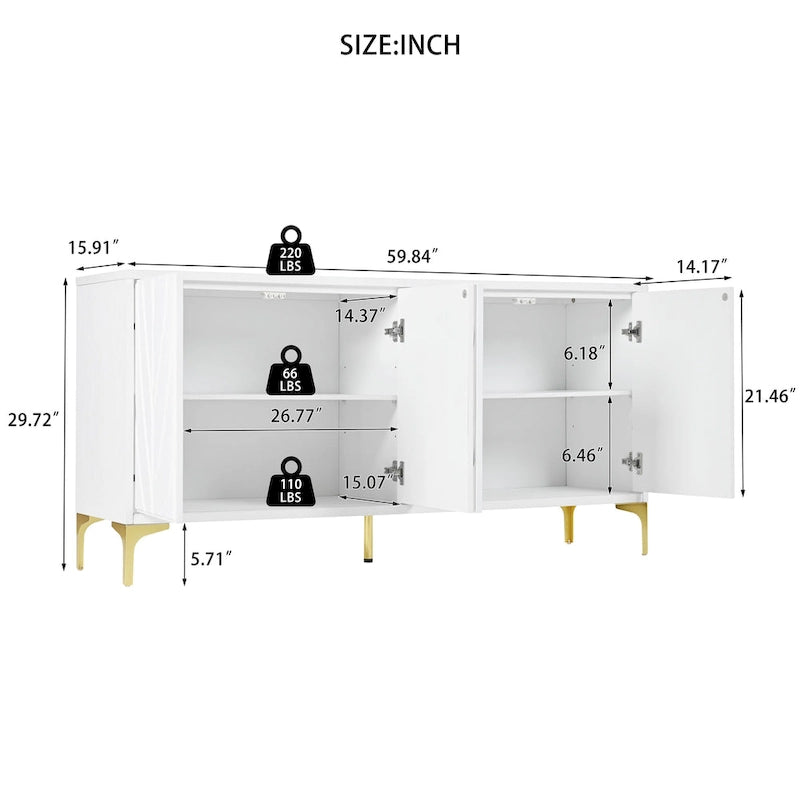 Buffet 4 portes avec texture unique et étagères réglables