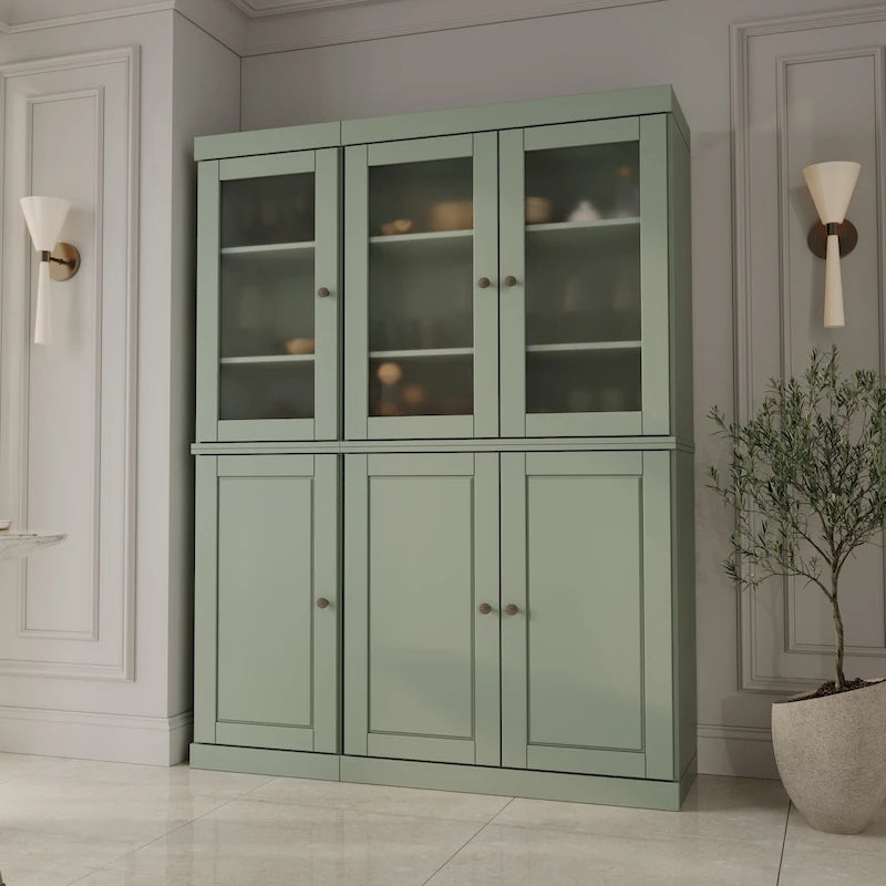 Vaisselier/Meuble de rangement 100 % en bois massif de 123 cm avec verre dépoli, portes en bois massif et 2 tiroirs