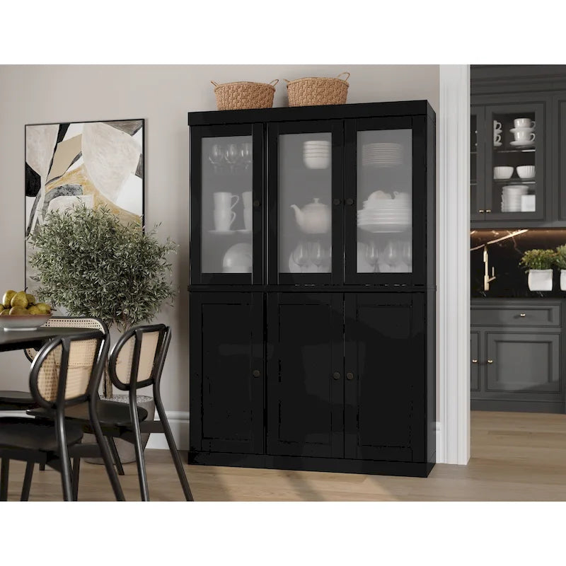 Vaisselier/Meuble de rangement 100 % en bois massif de 123 cm avec verre dépoli, portes en bois massif et 2 tiroirs