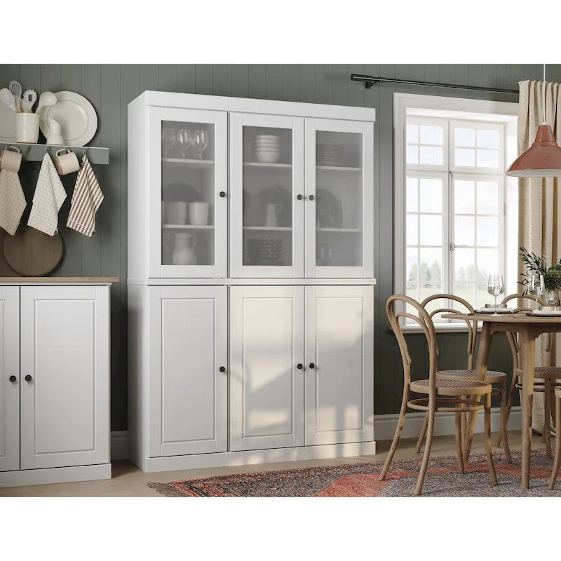 Vaisselier/Meuble de rangement 100 % en bois massif de 123 cm avec verre dépoli, portes en bois massif et 2 tiroirs