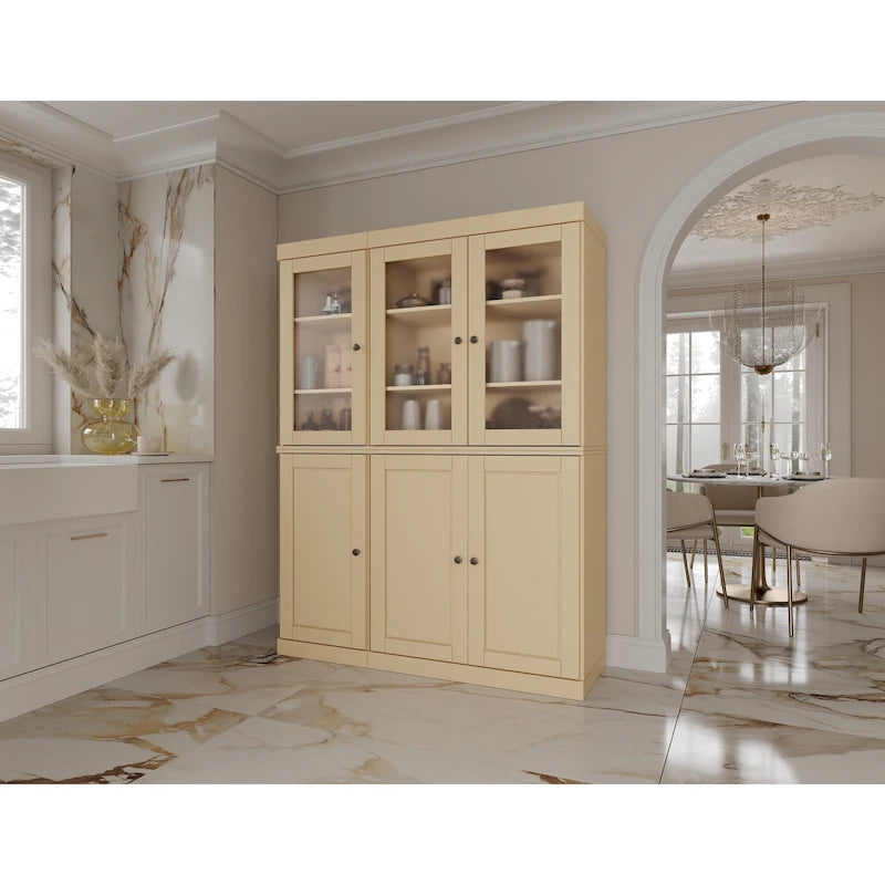 Vaisselier/Meuble de rangement 100 % en bois massif de 123 cm avec verre dépoli, portes en bois massif et 2 tiroirs