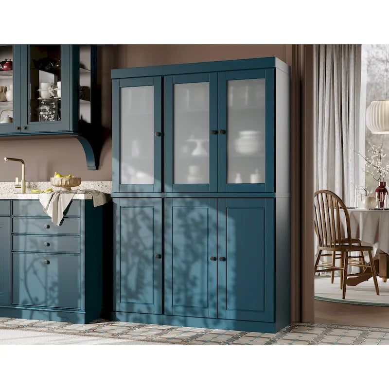Vaisselier/Meuble de rangement 100 % en bois massif de 123 cm avec verre dépoli, portes en bois massif et 2 tiroirs