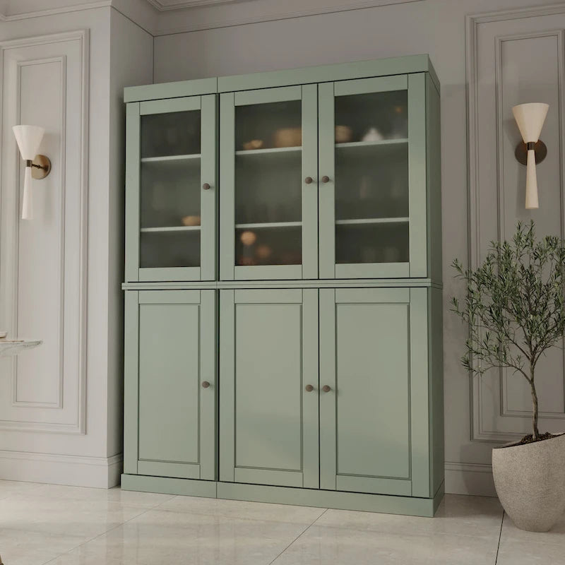 Vaisselier/Meuble de rangement 100 % en bois massif de 123 cm avec verre dépoli, portes en bois massif et 2 tiroirs