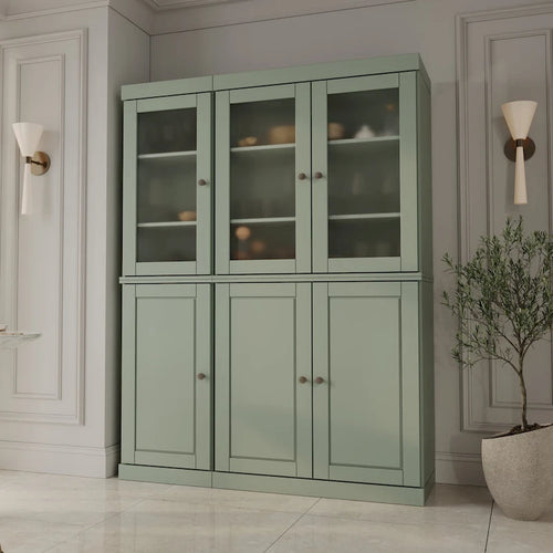 Vaisselier/Meuble de rangement 100 % en bois massif de 123 cm avec verre dépoli, portes en bois massif et 2 tiroirs