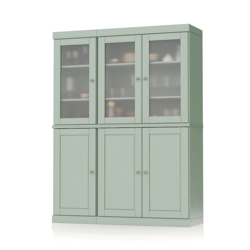 Vaisselier/Meuble de rangement 100 % en bois massif de 123 cm avec verre dépoli, portes en bois massif et 2 tiroirs