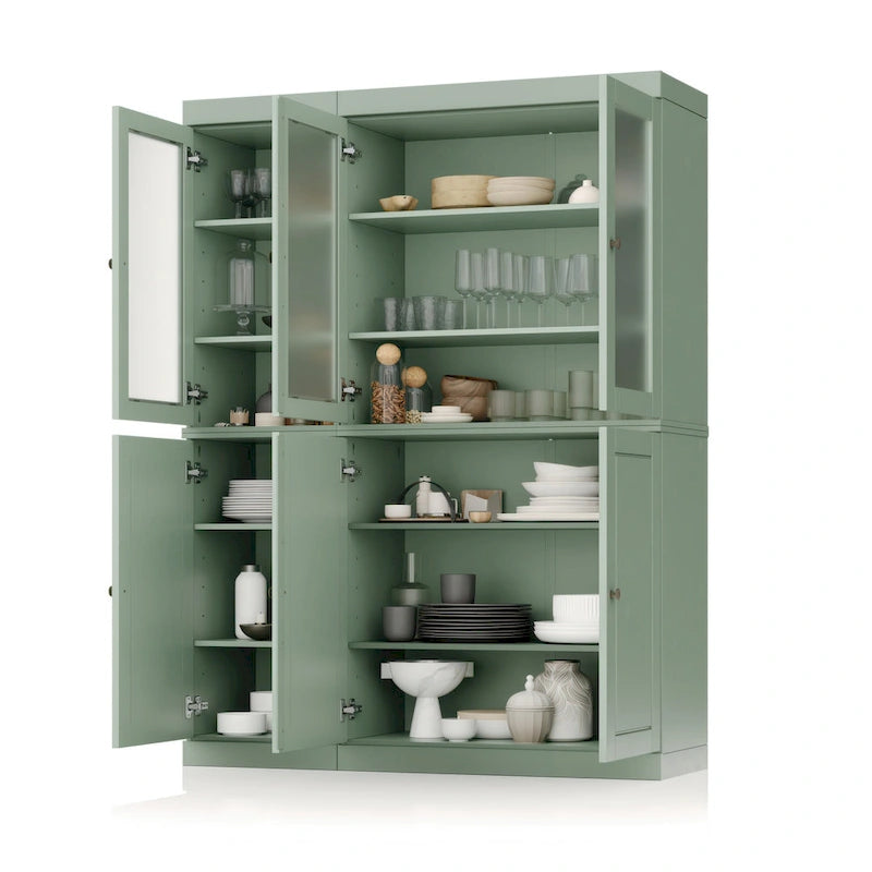 Vaisselier/Meuble de rangement 100 % en bois massif de 123 cm avec verre dépoli, portes en bois massif et 2 tiroirs