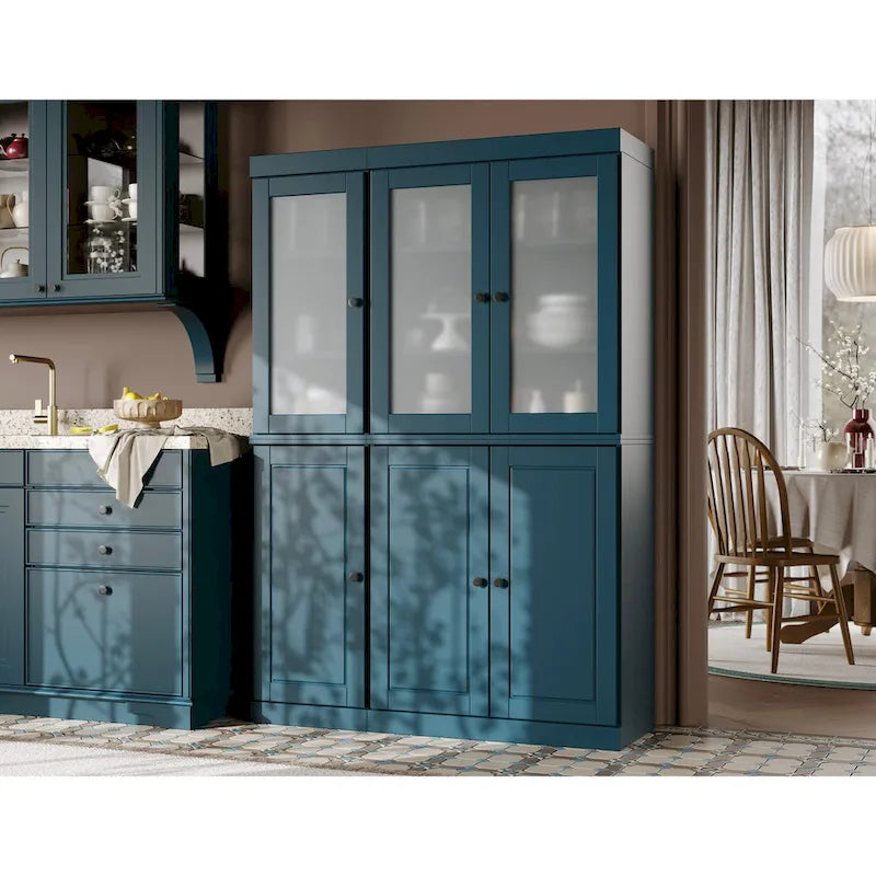 Vaisselier/Meuble de rangement 100 % en bois massif de 123 cm avec verre dépoli, portes en bois massif et 2 tiroirs
