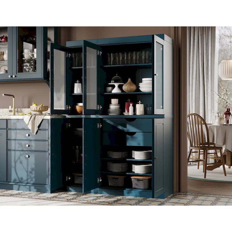 Vaisselier/Meuble de rangement 100 % en bois massif de 123 cm avec verre dépoli, portes en bois massif et 2 tiroirs