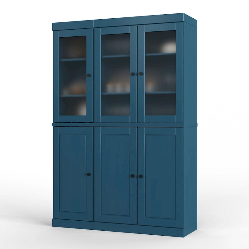 Vaisselier/Meuble de rangement 100 % en bois massif de 123 cm avec verre dépoli, portes en bois massif et 2 tiroirs