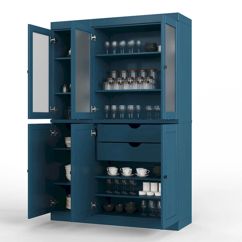 Vaisselier/Meuble de rangement 100 % en bois massif de 123 cm avec verre dépoli, portes en bois massif et 2 tiroirs