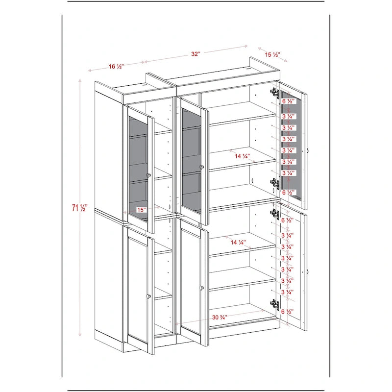 Vaisselier/Meuble de rangement 100 % en bois massif de 123 cm avec verre dépoli, portes en bois massif et 2 tiroirs