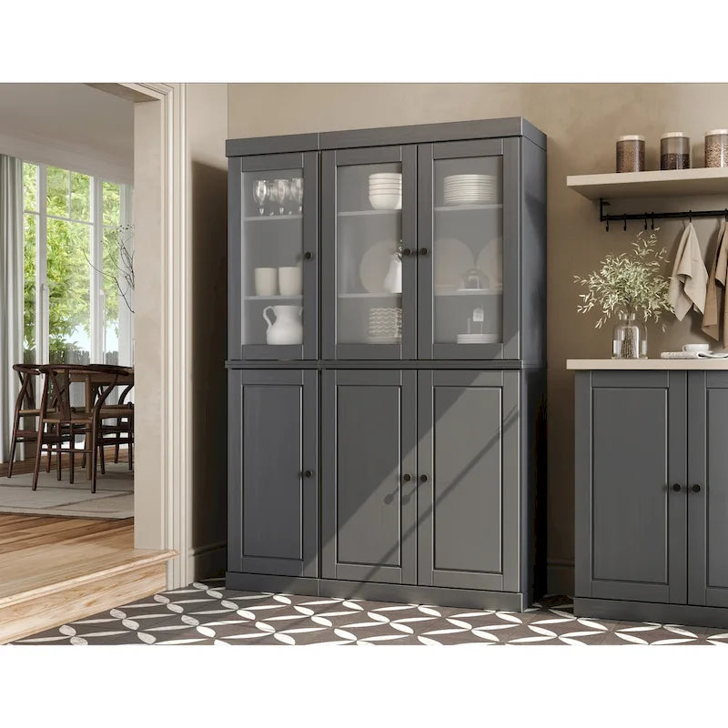 Vaisselier/Meuble de rangement 100 % en bois massif de 123 cm avec verre dépoli, portes en bois massif et 2 tiroirs
