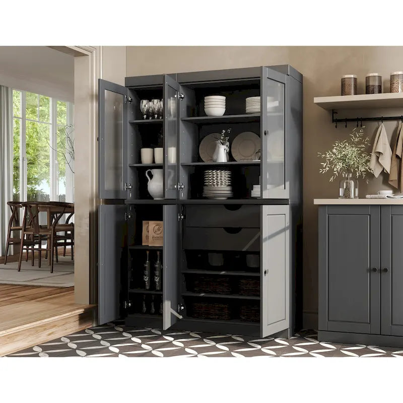 Vaisselier/Meuble de rangement 100 % en bois massif de 123 cm avec verre dépoli, portes en bois massif et 2 tiroirs