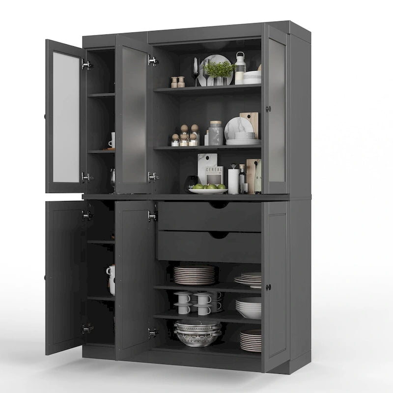 Vaisselier/Meuble de rangement 100 % en bois massif de 123 cm avec verre dépoli, portes en bois massif et 2 tiroirs