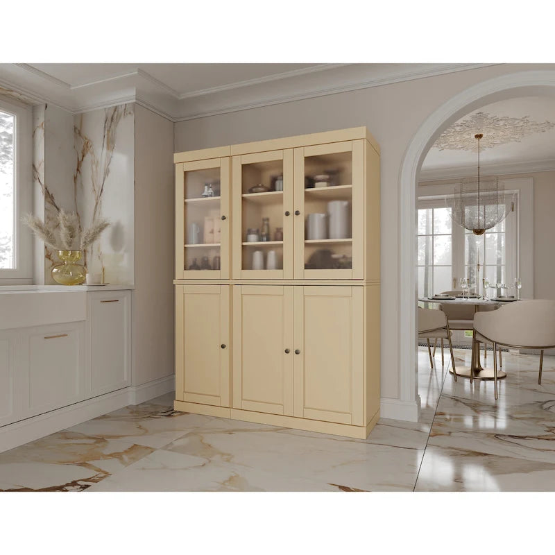 Vaisselier/Meuble de rangement 100 % en bois massif de 123 cm avec verre dépoli, portes en bois massif et 2 tiroirs
