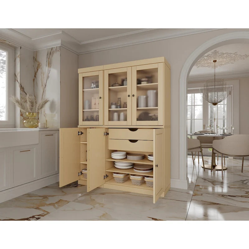Vaisselier/Meuble de rangement 100 % en bois massif de 123 cm avec verre dépoli, portes en bois massif et 2 tiroirs