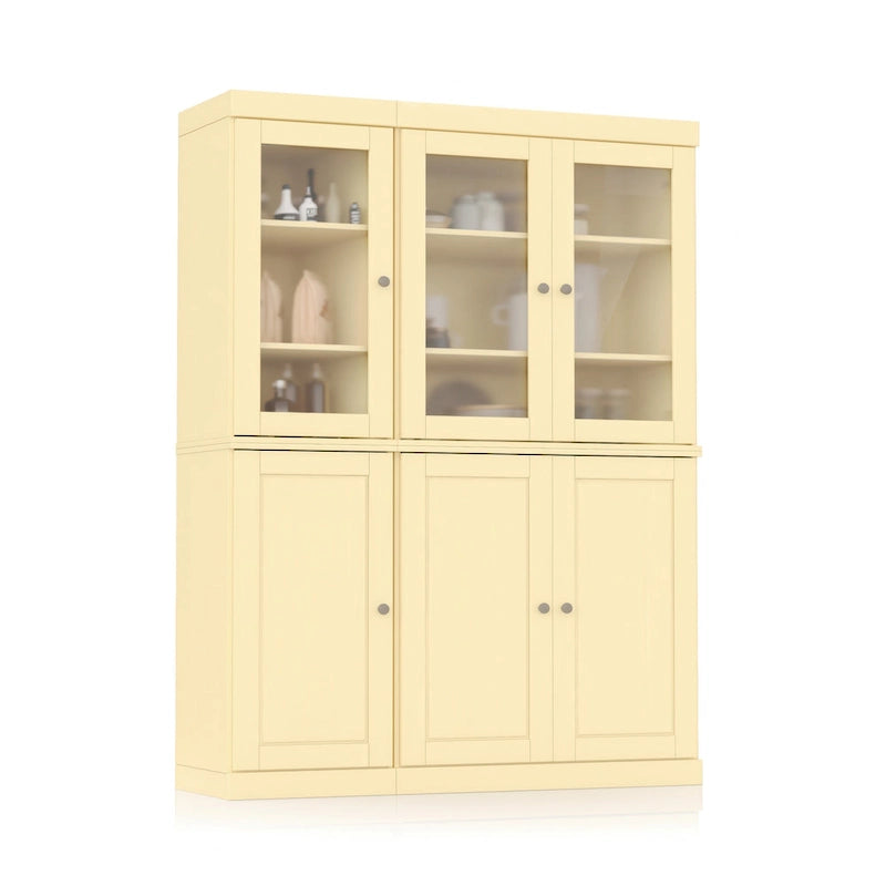Vaisselier/Meuble de rangement 100 % en bois massif de 123 cm avec verre dépoli, portes en bois massif et 2 tiroirs