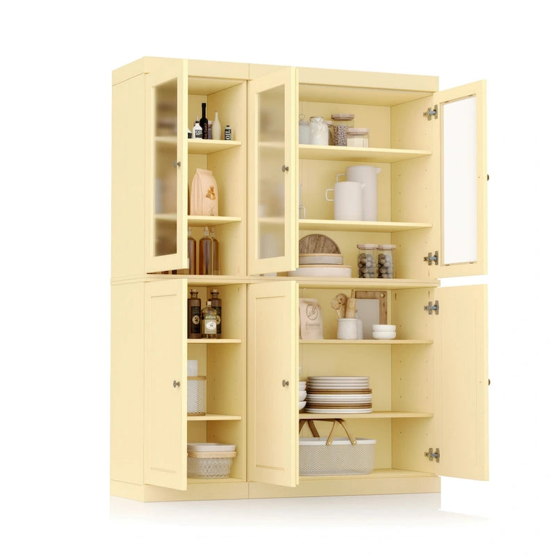 Vaisselier/Meuble de rangement 100 % en bois massif de 123 cm avec verre dépoli, portes en bois massif et 2 tiroirs