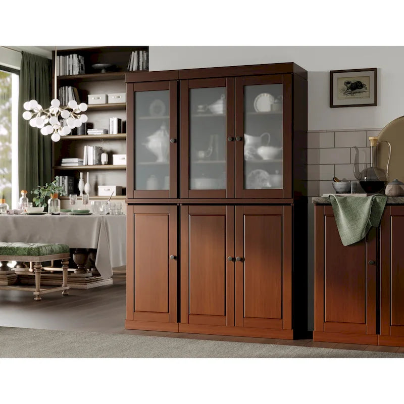 Vaisselier/Meuble de rangement 100 % en bois massif de 123 cm avec verre dépoli, portes en bois massif et 2 tiroirs
