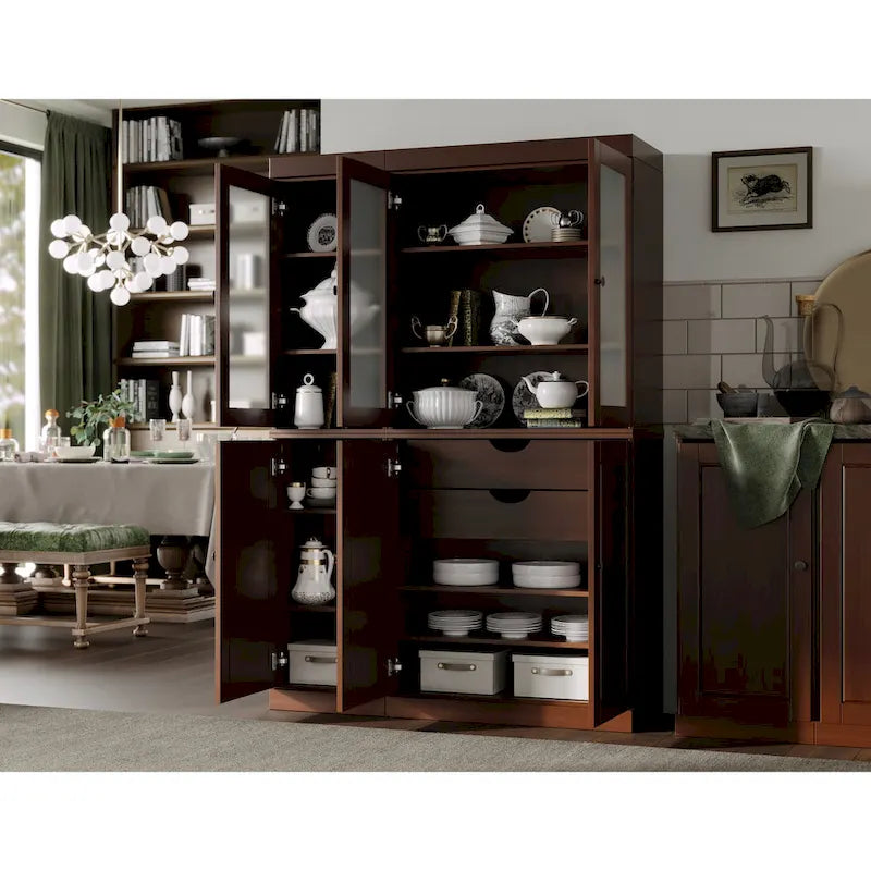 Vaisselier/Meuble de rangement 100 % en bois massif de 123 cm avec verre dépoli, portes en bois massif et 2 tiroirs