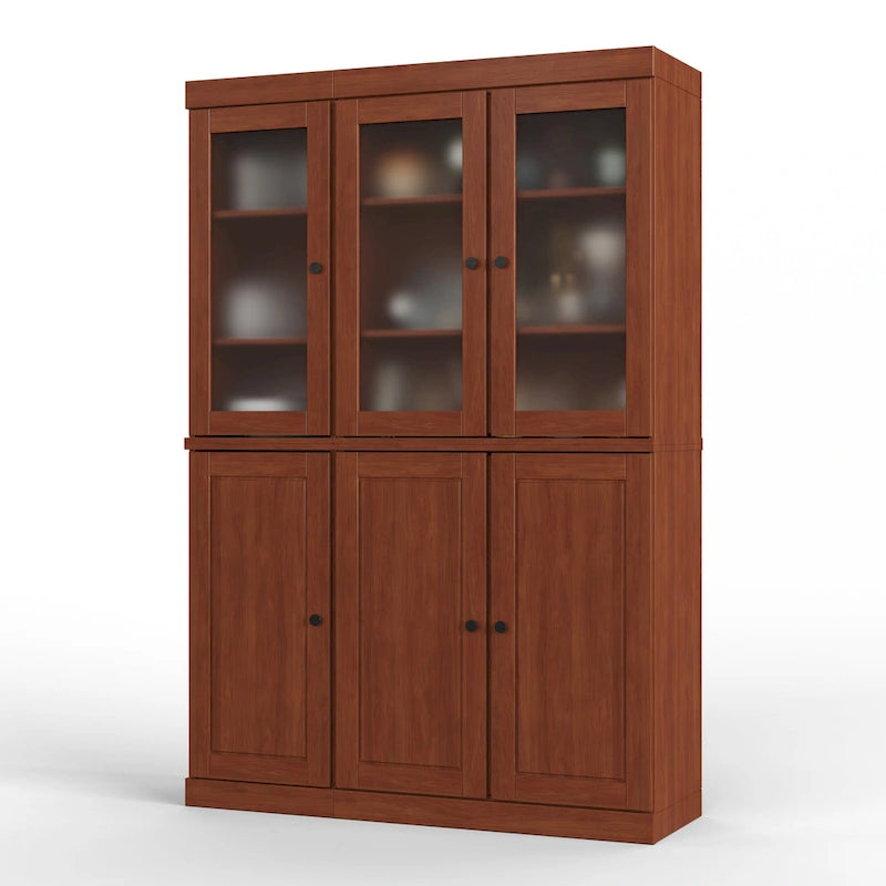 Vaisselier/Meuble de rangement 100 % en bois massif de 123 cm avec verre dépoli, portes en bois massif et 2 tiroirs