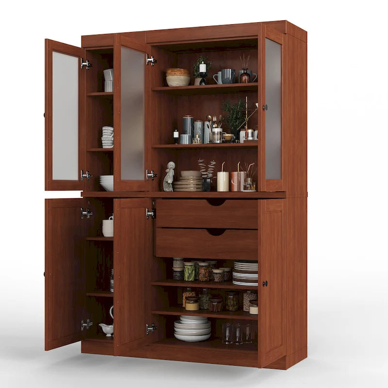 Vaisselier/Meuble de rangement 100 % en bois massif de 123 cm avec verre dépoli, portes en bois massif et 2 tiroirs
