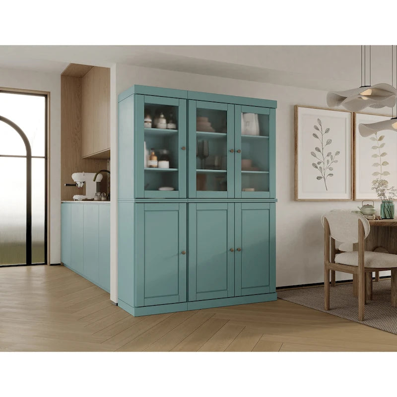 Vaisselier/Meuble de rangement 100 % en bois massif de 123 cm avec verre dépoli, portes en bois massif et 2 tiroirs