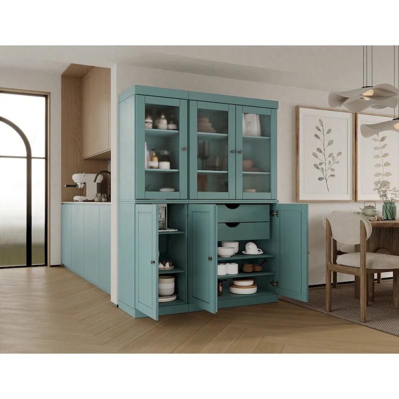 Vaisselier/Meuble de rangement 100 % en bois massif de 123 cm avec verre dépoli, portes en bois massif et 2 tiroirs