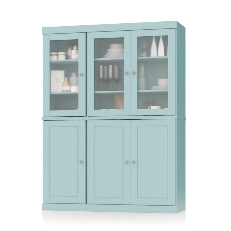 Vaisselier/Meuble de rangement 100 % en bois massif de 123 cm avec verre dépoli, portes en bois massif et 2 tiroirs