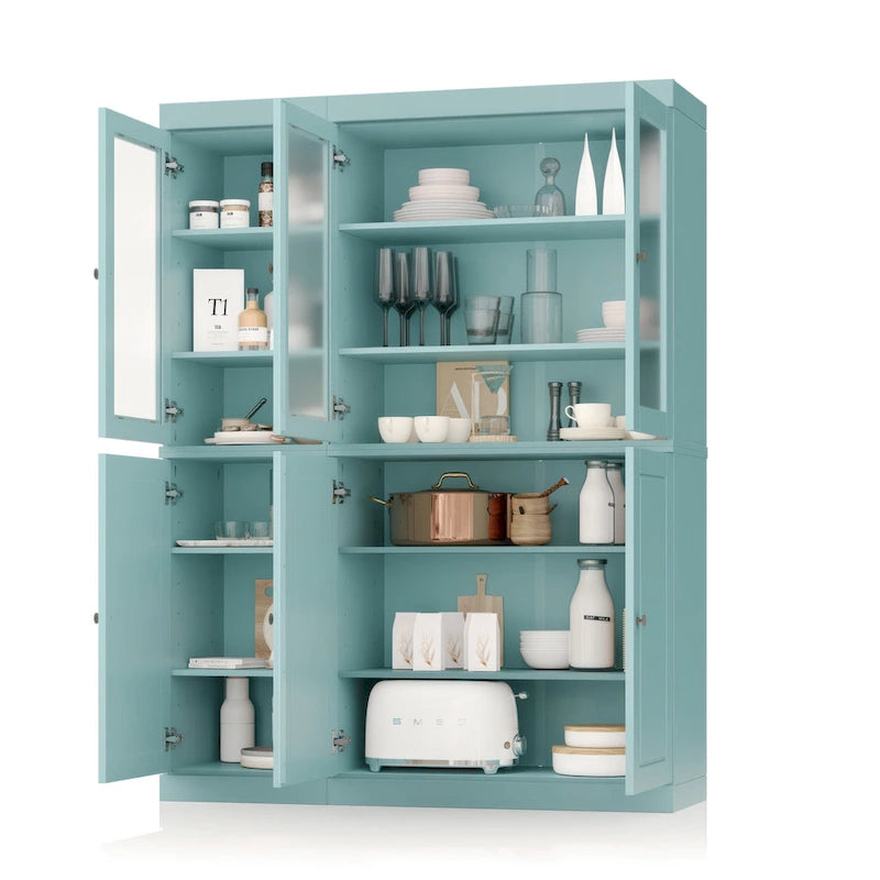 Vaisselier/Meuble de rangement 100 % en bois massif de 123 cm avec verre dépoli, portes en bois massif et 2 tiroirs