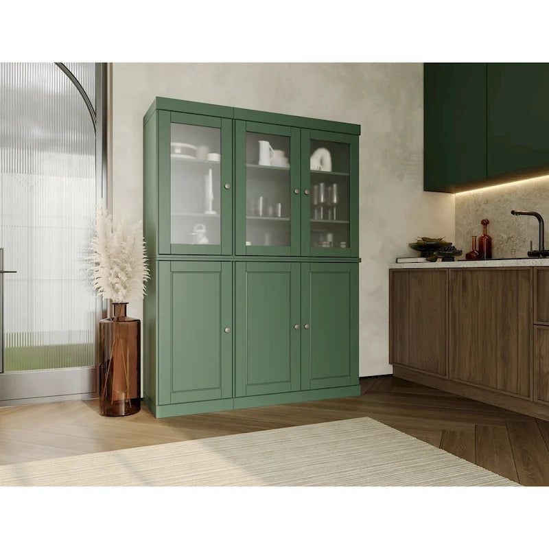 Vaisselier/Meuble de rangement 100 % en bois massif de 123 cm avec verre dépoli, portes en bois massif et 2 tiroirs