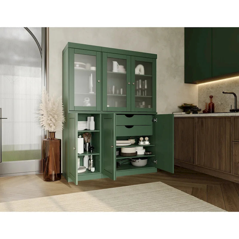 Vaisselier/Meuble de rangement 100 % en bois massif de 123 cm avec verre dépoli, portes en bois massif et 2 tiroirs