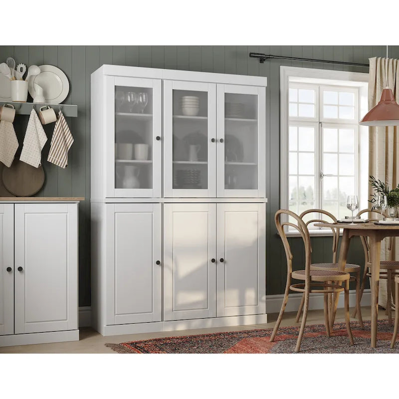 Vaisselier/Meuble de rangement 100 % en bois massif de 123 cm avec verre dépoli, portes en bois massif et 2 tiroirs