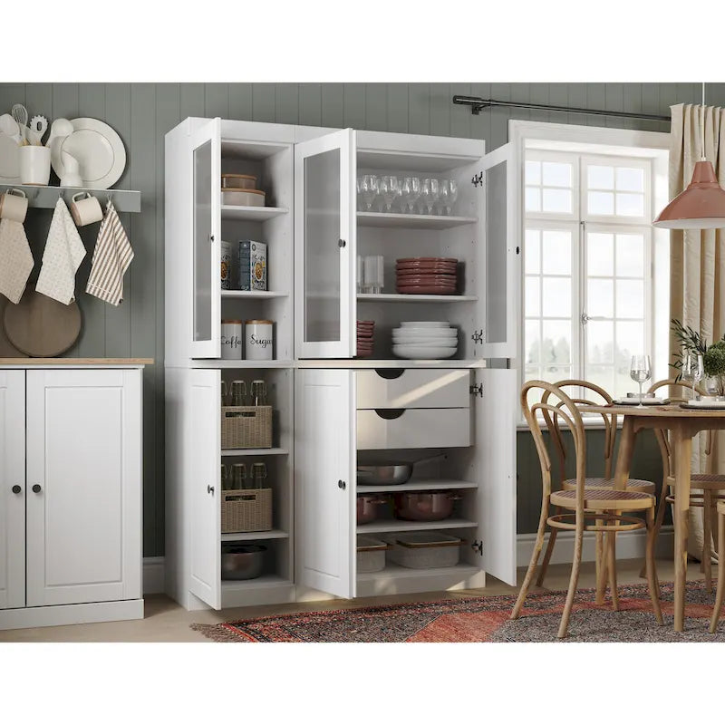 Vaisselier/Meuble de rangement 100 % en bois massif de 123 cm avec verre dépoli, portes en bois massif et 2 tiroirs