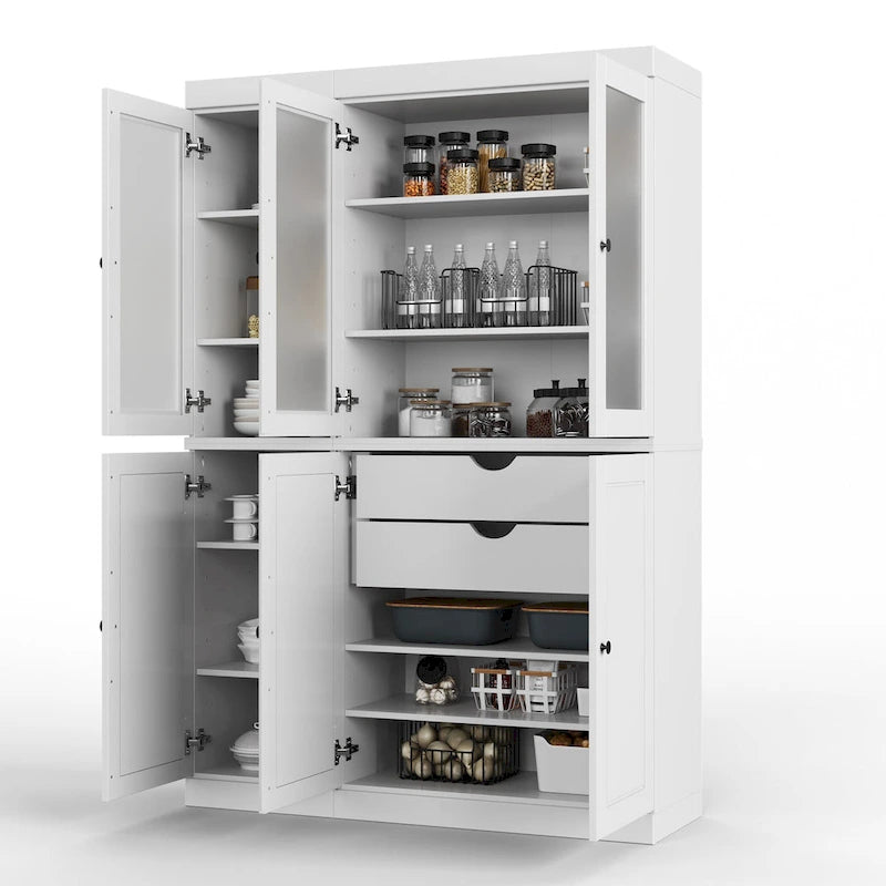 Vaisselier/Meuble de rangement 100 % en bois massif de 123 cm avec verre dépoli, portes en bois massif et 2 tiroirs