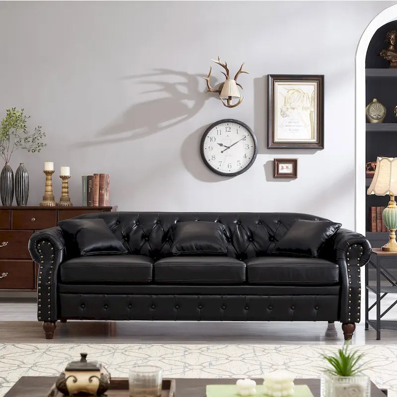 Canapé 3 places en cuir technique de 217,9 cm avec dossier capitonné et rangement