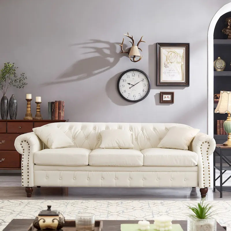 Canapé 3 places en cuir technique de 217,9 cm avec dossier capitonné et rangement