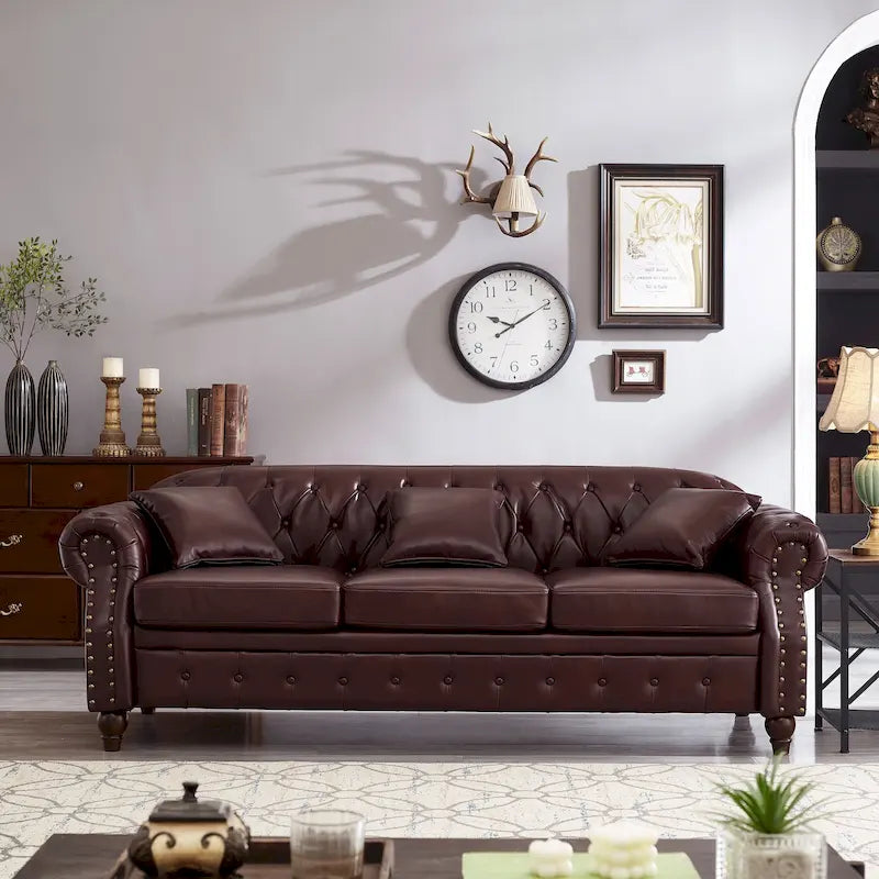 Canapé 3 places en cuir technique de 217,9 cm avec dossier capitonné et rangement