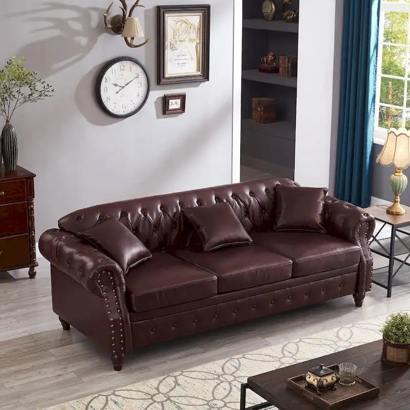 Canapé 3 places en cuir technique de 217,9 cm avec dossier capitonné et rangement
