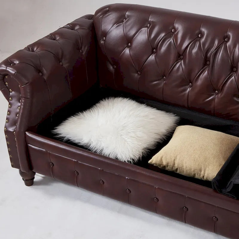 Canapé 3 places en cuir technique de 217,9 cm avec dossier capitonné et rangement