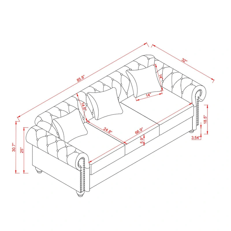Canapé 3 places en cuir technique de 217,9 cm avec dossier capitonné et rangement