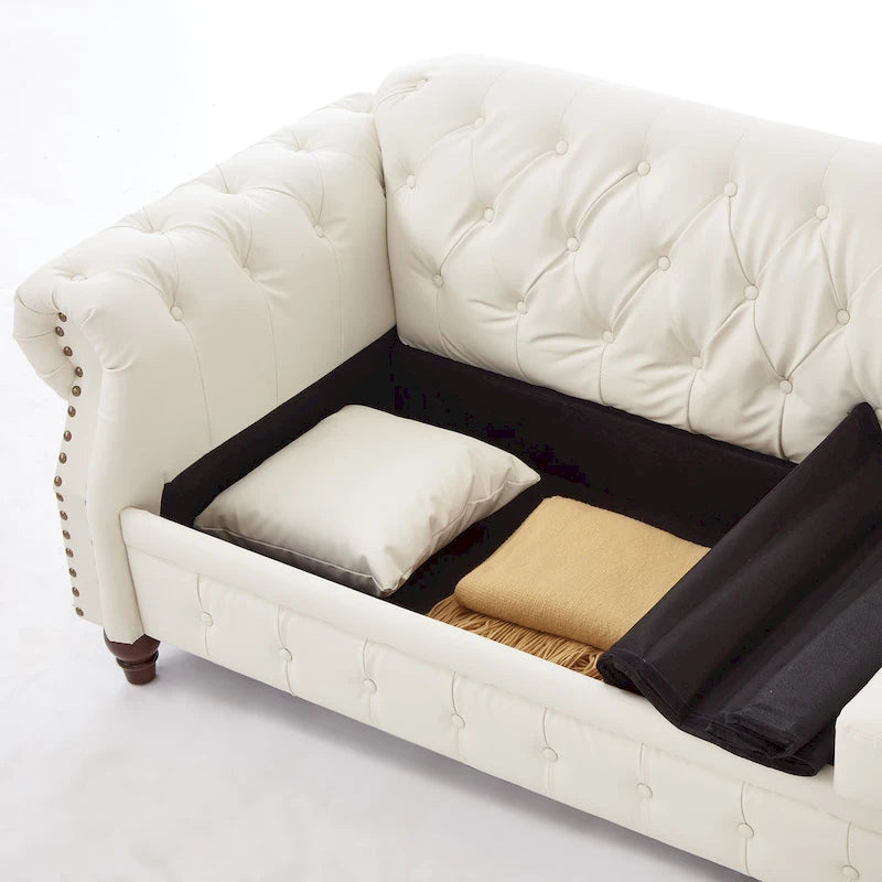 Canapé 3 places en cuir technique de 217,9 cm avec dossier capitonné et rangement