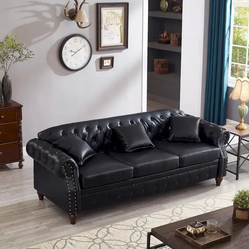 Canapé 3 places en cuir technique de 217,9 cm avec dossier capitonné et rangement