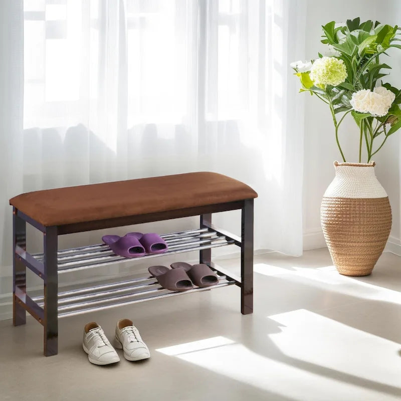 Banc à chaussures en bois espresso foncé avec siège en microfibre couleur chocolat