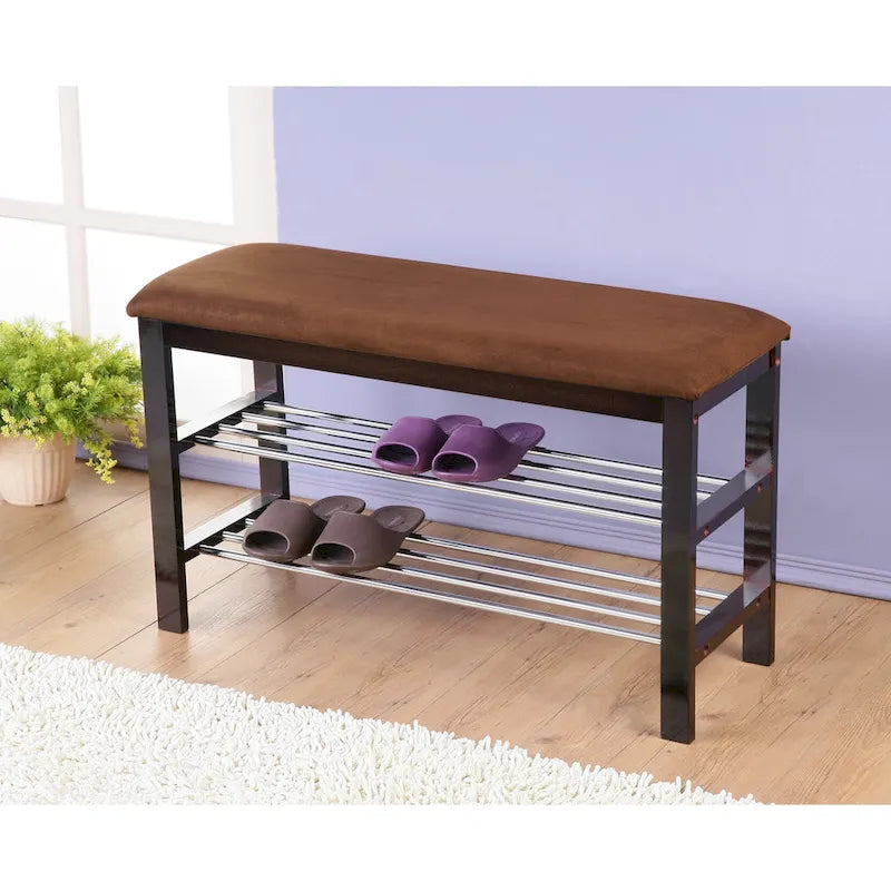 Banc à chaussures en bois espresso foncé avec siège en microfibre couleur chocolat