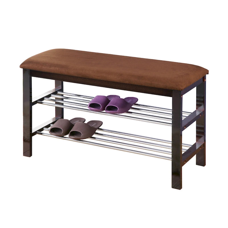 Banc à chaussures en bois espresso foncé avec siège en microfibre couleur chocolat