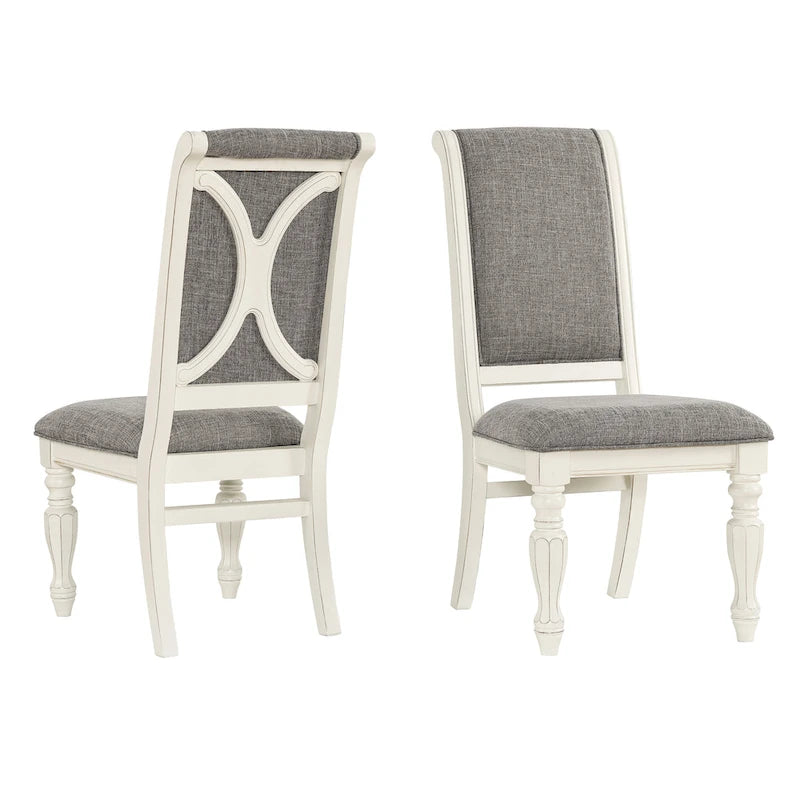 Chaises de salle à manger rembourrées en bois massif blanc antique, lot de 2