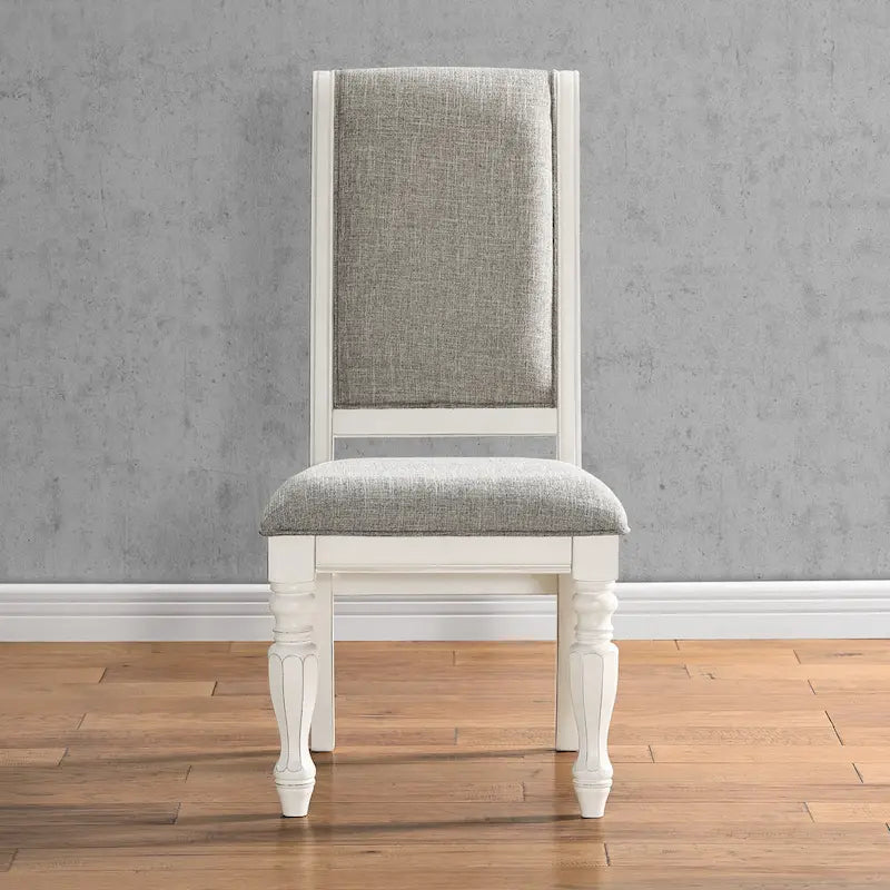 Chaises de salle à manger rembourrées en bois massif blanc antique, lot de 2